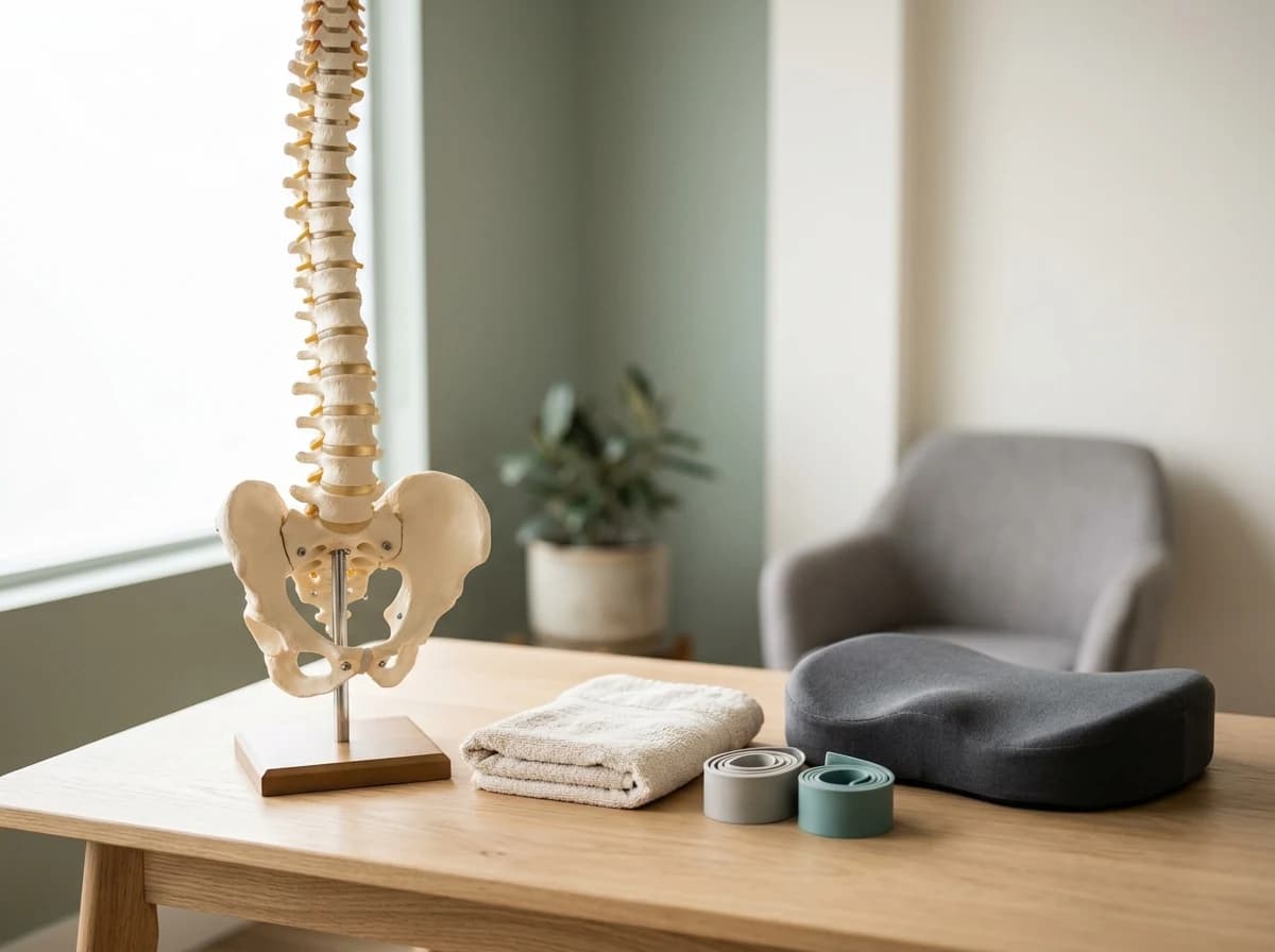 An anatomical spine model and simple exercise tools in a chiropractic consultation room