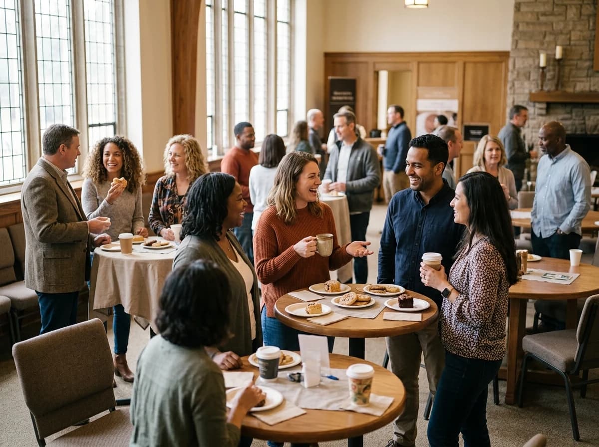 Diverse group of adults engaged in warm conversation over coffee and pastries in a brightly lit church fellowship hall.