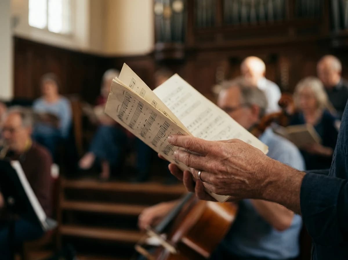 Adult hands holding open choir sheet music, with a blurry background of other choir members and musical instruments.