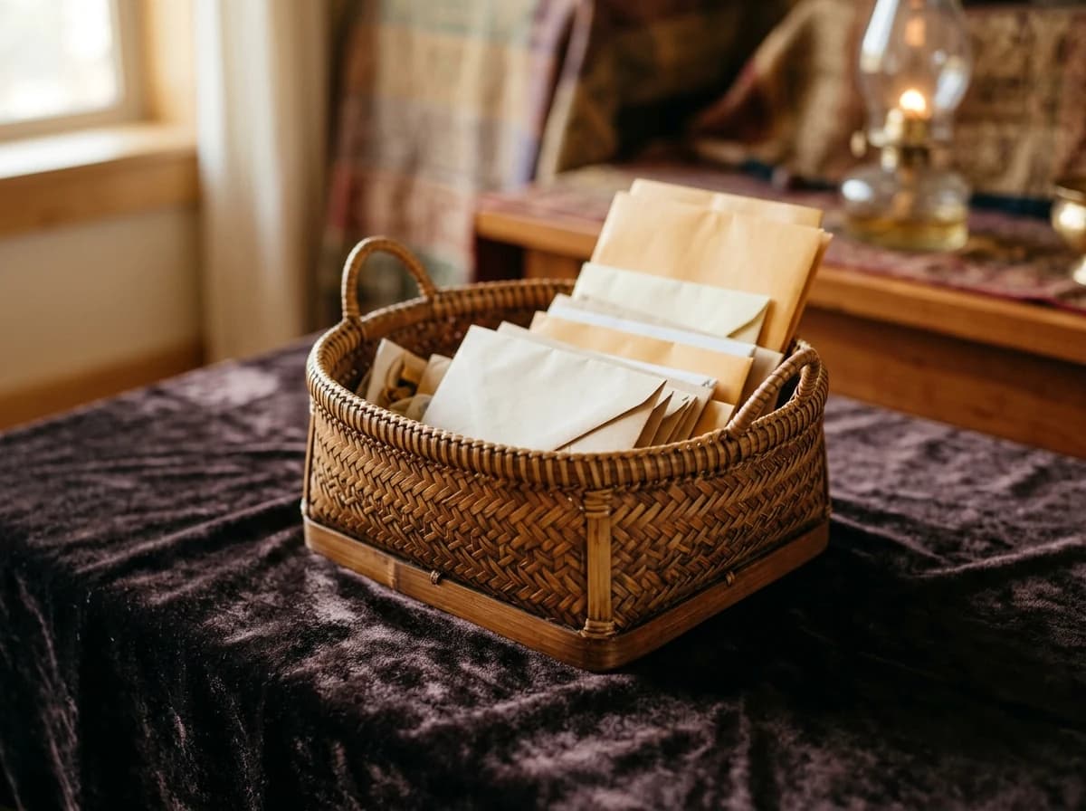 Close-up of a woven offering basket on a plush fabric, containing a few folded paper envelopes, symbolizing collection.