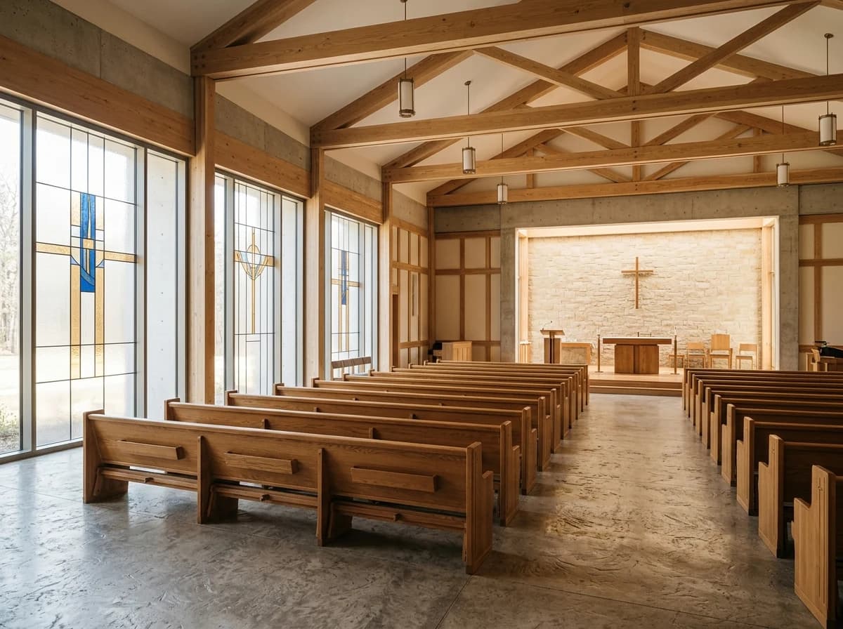 Peaceful, well-lit modern church sanctuary interior with warm wooden pews and subtle stained-glass accents, empty of people.