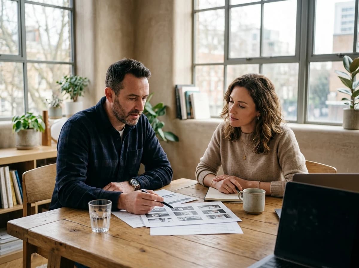 A cinematographer discussing a project with a client in a modern, well-lit office space.