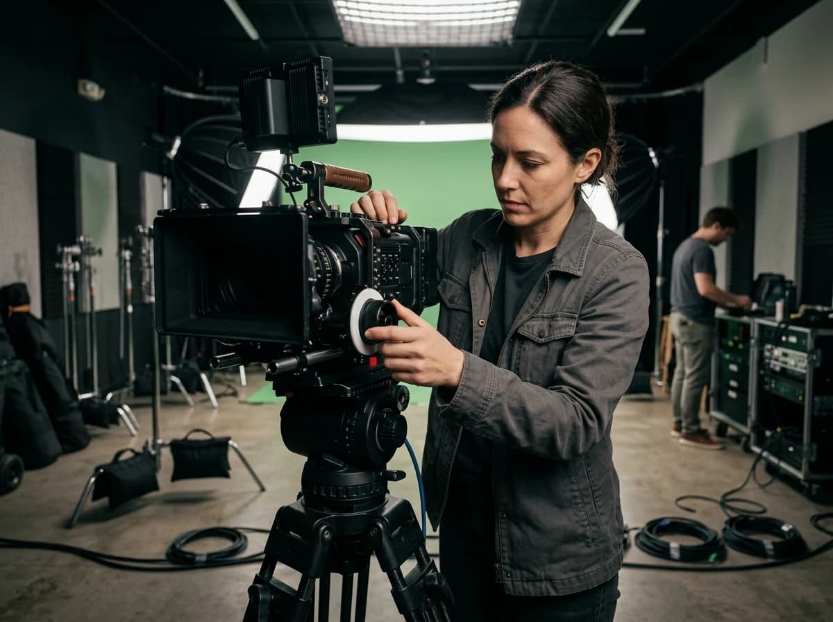 A cinematographer meticulously setting up a professional cinema camera rig on a tripod in a dimly lit studio.
