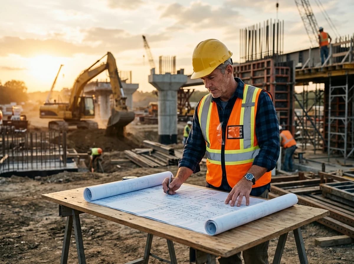 Civil engineer in hard hat and safety vest reviewing large rolled blueprints at a construction site with steel rebar and concrete forms in the background, late afternoon sun.