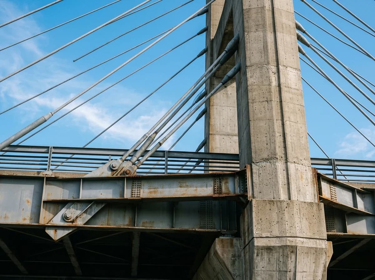 Close-up view of a modern urban bridge with steel girders and concrete supports against a blue sky, showcasing structural details.