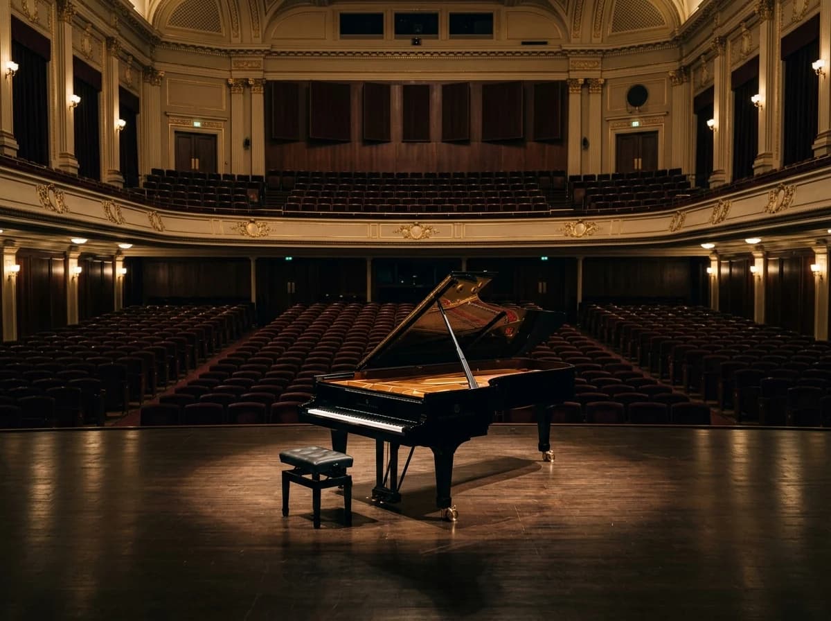 A wide view of an empty, elegantly lit concert hall stage with a grand piano.