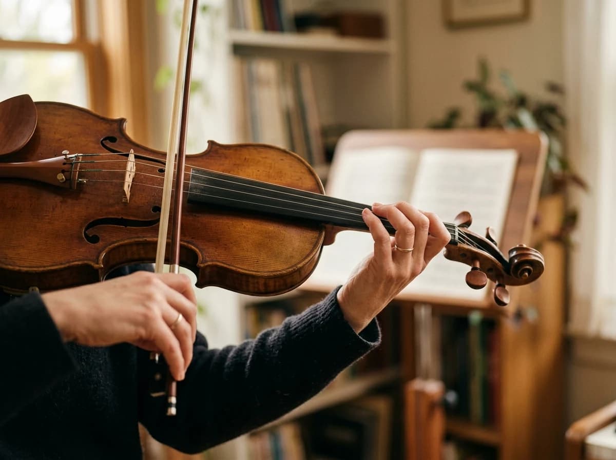 Close-up of a violinist's hands on the fingerboard and bow during practice.