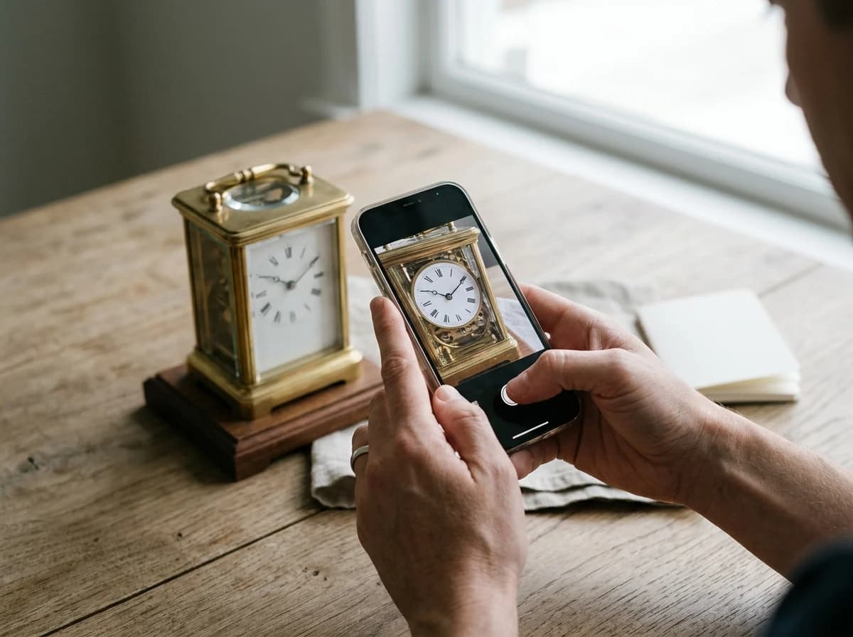 An adult's hands are visible, holding a modern smartphone (generic, no brand) to carefully photograph a tangible item, such as a small piece of furniture or an antique clock, on a clean background. The focus is on the act of capturing a clear image for a sale listing, highlighting preparation and detail. Soft, even light.