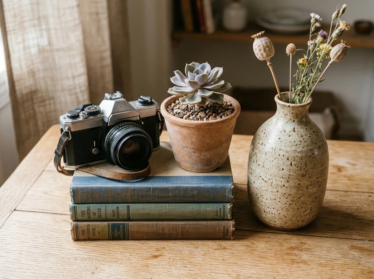 A thoughtfully arranged still life of diverse household items commonly sold in classifieds: a vintage camera, a small, vibrant potted plant, a stack of hardcover books, and a handcrafted ceramic vase. All are placed on a clean, neutral surface, showcasing their individual characteristics under soft, studio lighting.