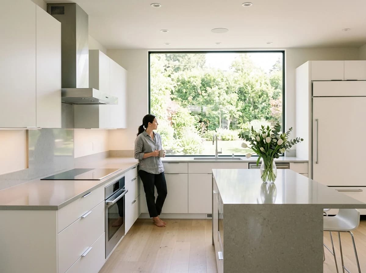Immaculate, shining modern kitchen with white cabinets, stainless steel appliances, and gleaming countertops.