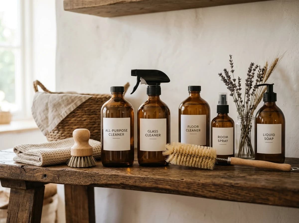 Array of neatly arranged eco-friendly cleaning products in amber bottles on a wooden shelf.