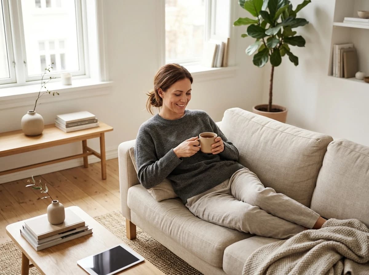 Woman relaxing comfortably in a freshly cleaned, sunlit living room, enjoying the serene atmosphere.
