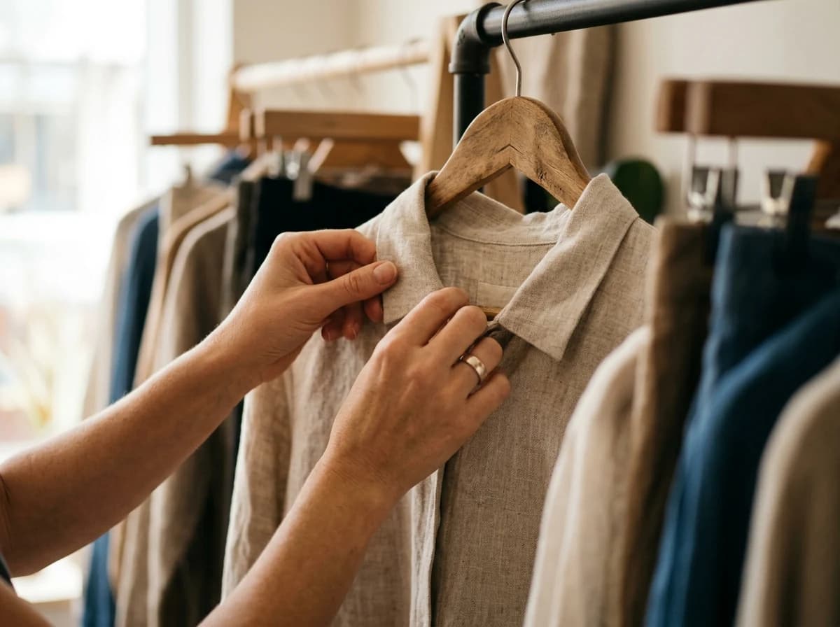Adult hand gently arranging garments on a display hanger, focusing on the tactile aspect.