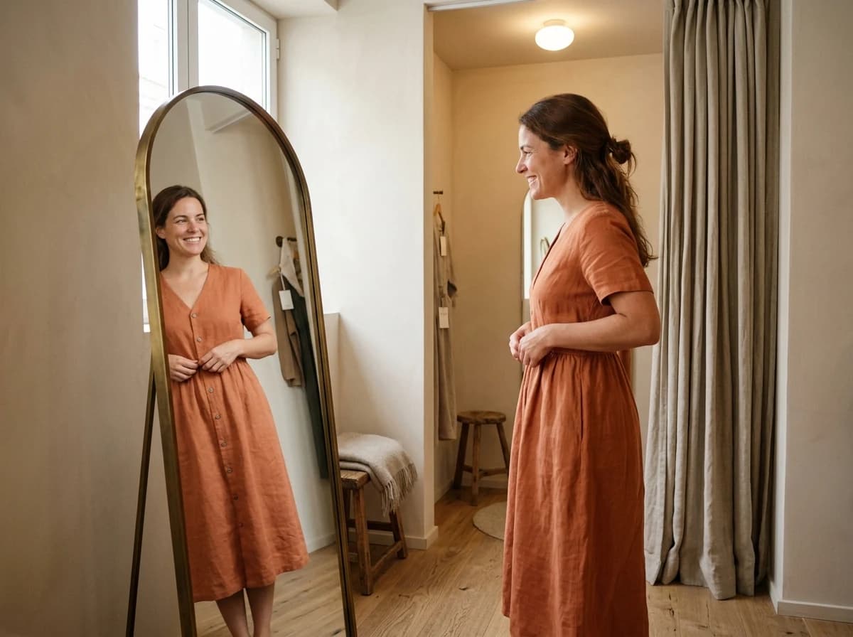 Adult woman smiling while looking in a full-length mirror, wearing a new dress in a fitting room.