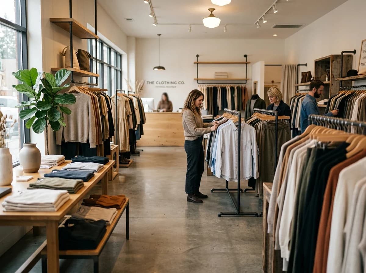 Interior shot of a clothing boutique with organized racks of colorful garments and soft lighting.