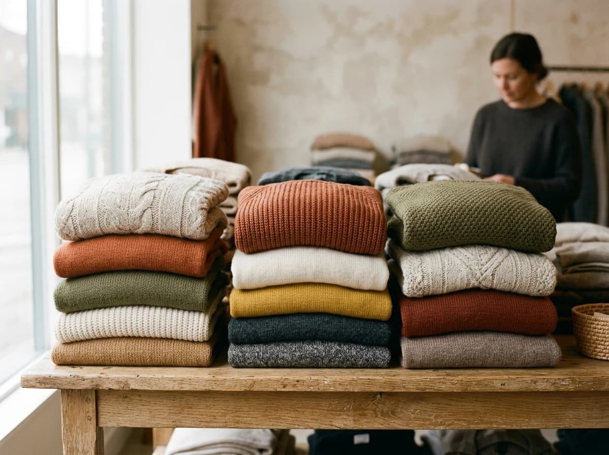 Close-up of neatly folded, colorful knit sweaters of different sizes stacked on a wooden shelf.