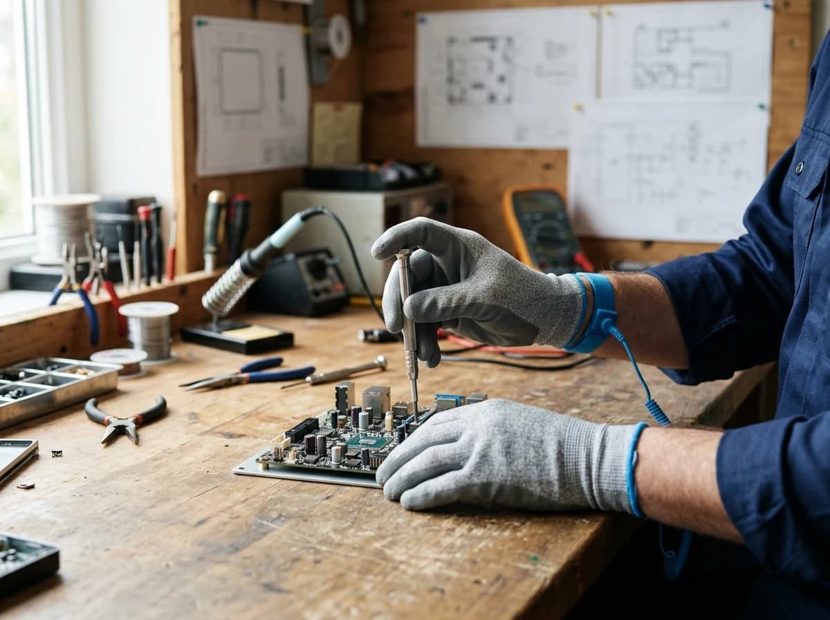 IT engineer's hands assembling a small server component on a workbench with tools.