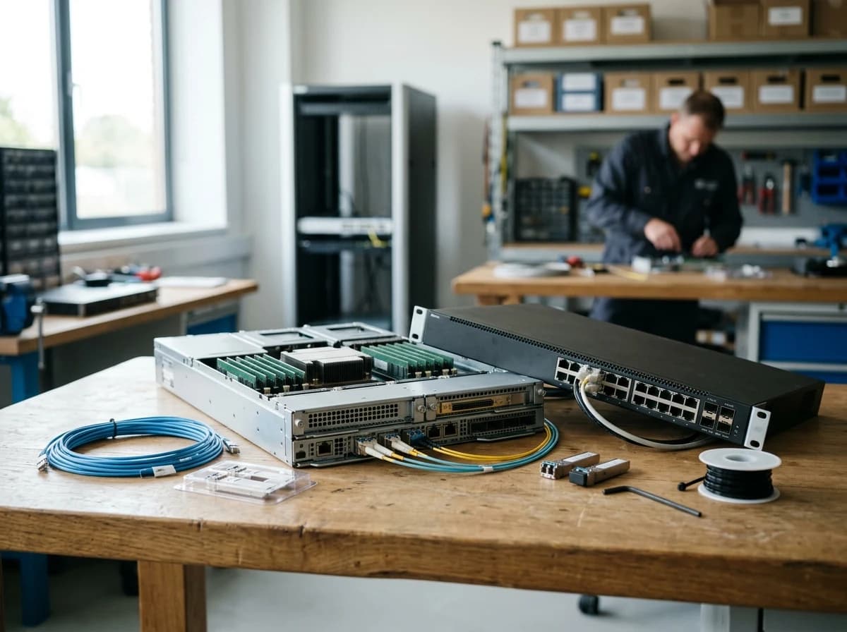 A carefully arranged set of real modular server components, fiber transceivers and network switches on a clean engineering workbench.