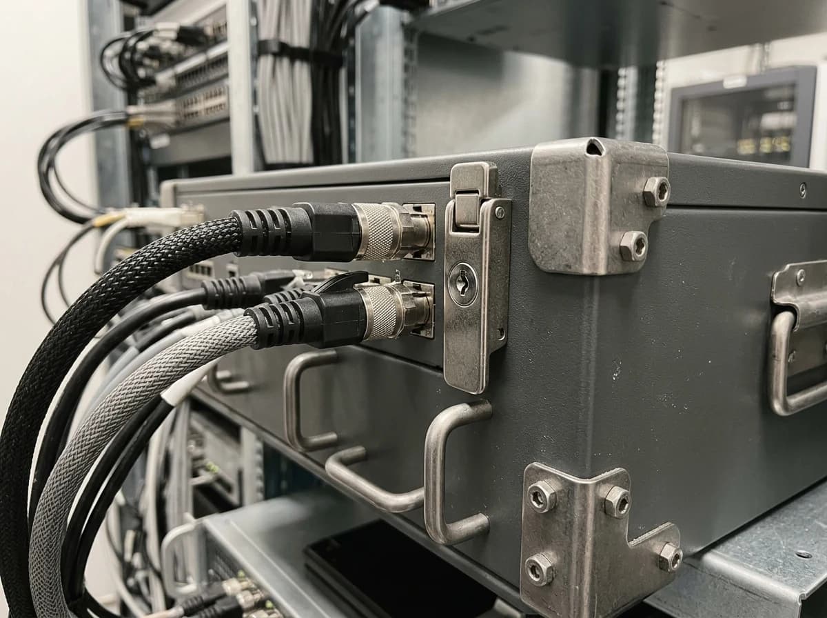 Close-up of a secure, industrial-grade data storage unit, symbolizing robust cloud solutions.