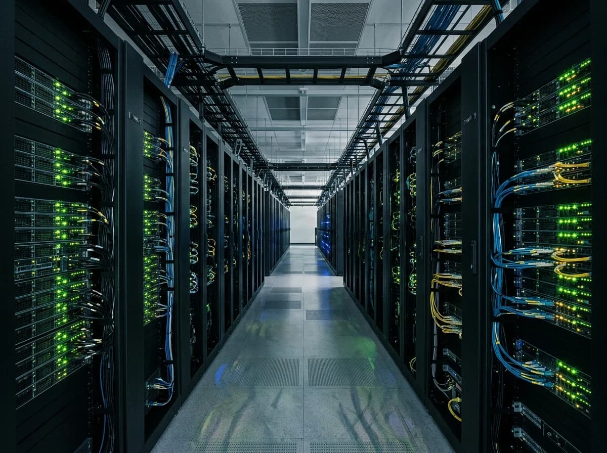 Row of server racks with blinking lights in a cool, modern data center environment.