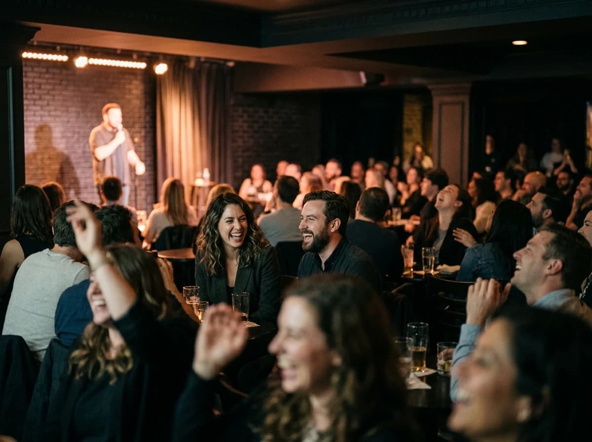 Blurred audience in a dark club, faces partially visible, laughing enthusiastically.