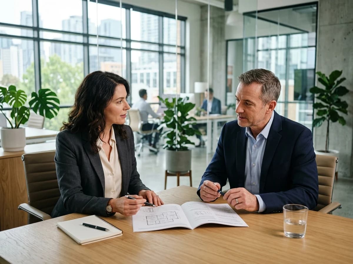 A commercial cleaning business owner discussing a service contract with a building manager in an office.