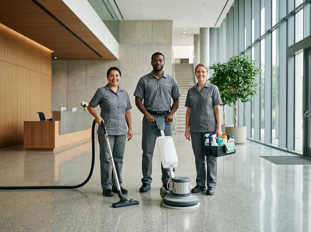 A diverse commercial cleaning team with modern equipment in a pristine office building lobby.