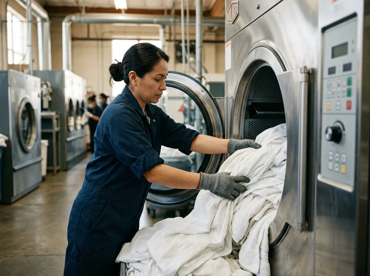Laundry technician in uniform carefully loading linens into a large industrial washing machine.