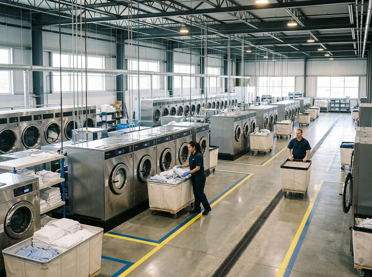 Large, clean commercial laundry facility with rows of industrial washing machines and dryers.