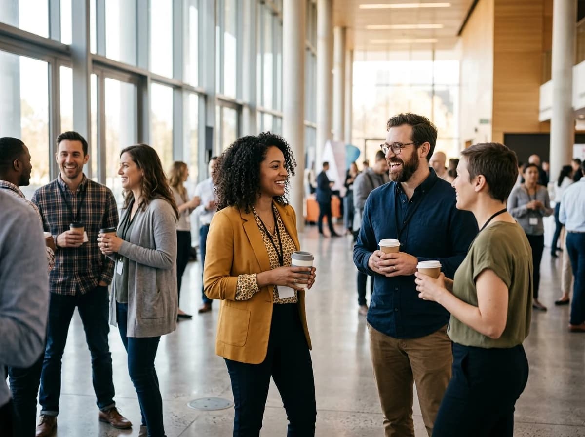 Group of diverse conference attendees networking and conversing in a bright, open foyer.