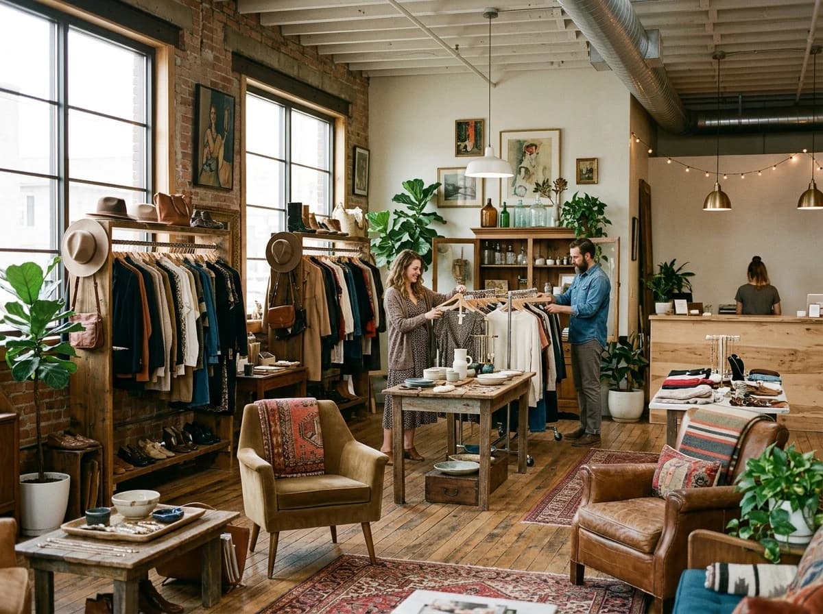 A stylish, well-curated interior of a consignment boutique with unique furniture and decor.