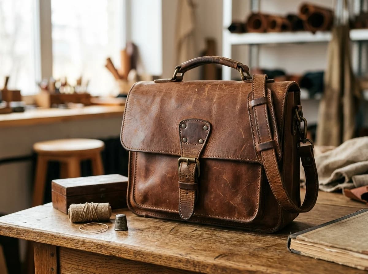 Close-up of a beautifully preserved vintage leather handbag on display.