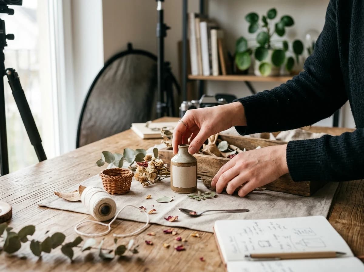 Close-up of a content creator's hands arranging props and adjusting lighting for a product photoshoot.