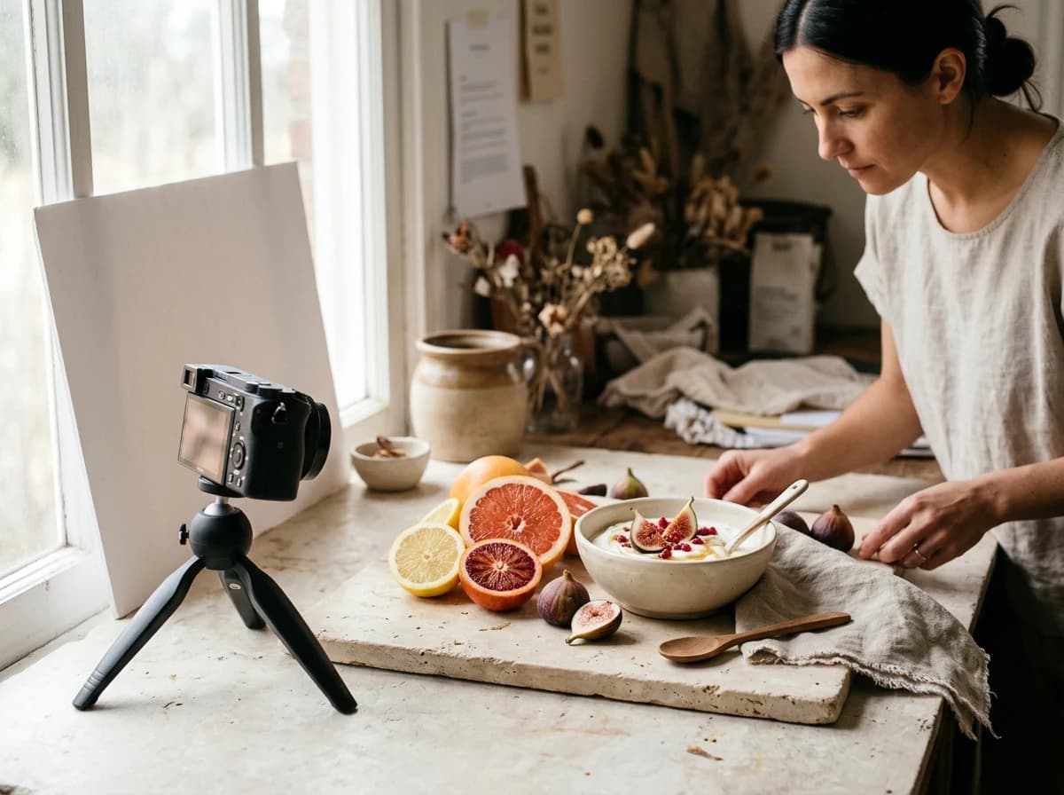 Seasonal fruit and handmade ceramics arranged for a content creator food shoot