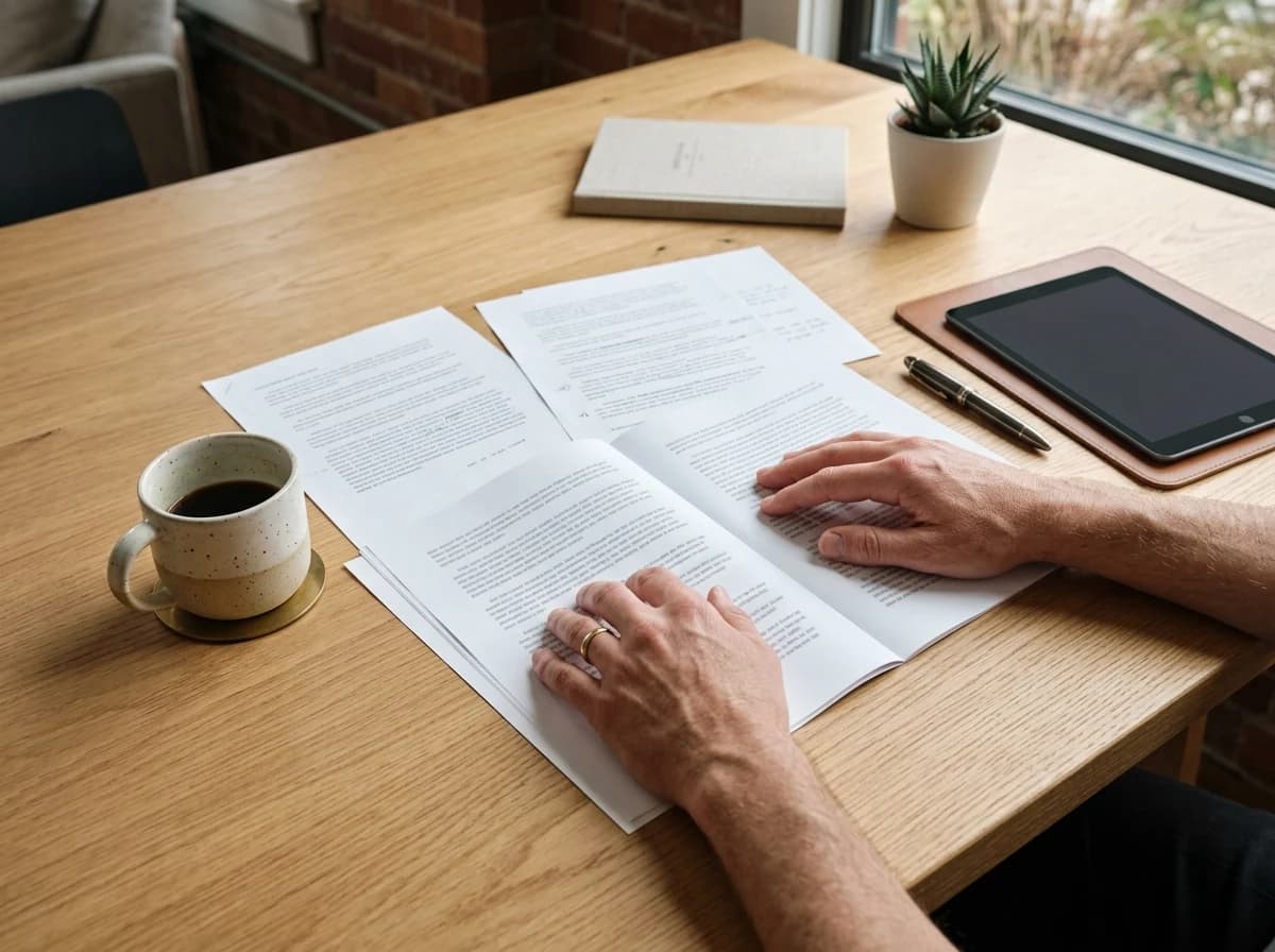 A client reviewing printed copy drafts on a spacious table, with coffee and a pen, looking pleased.