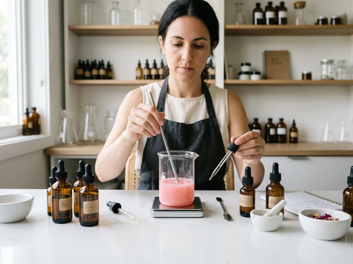 Well-lit, clean laboratory-style mixing station with glass beakers, stirring rods, and raw natural ingredients like botanical extracts and essential oils, showcasing precise formulation work under soft, diffuse light.