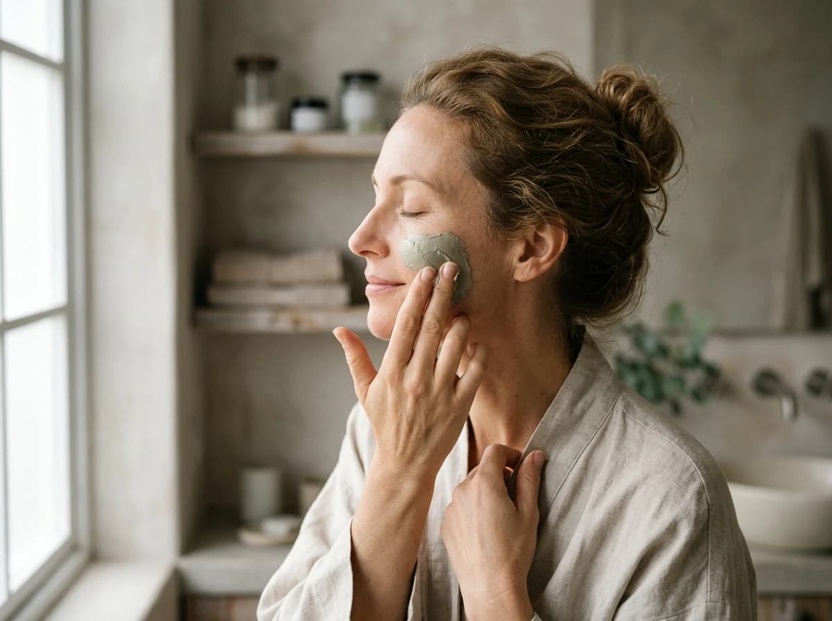 A woman with her hair pulled back, seen in soft focus, gently applying a luxurious, natural face mask to her cheek with her fingertips, conveying a sense of self-care and indulgence.