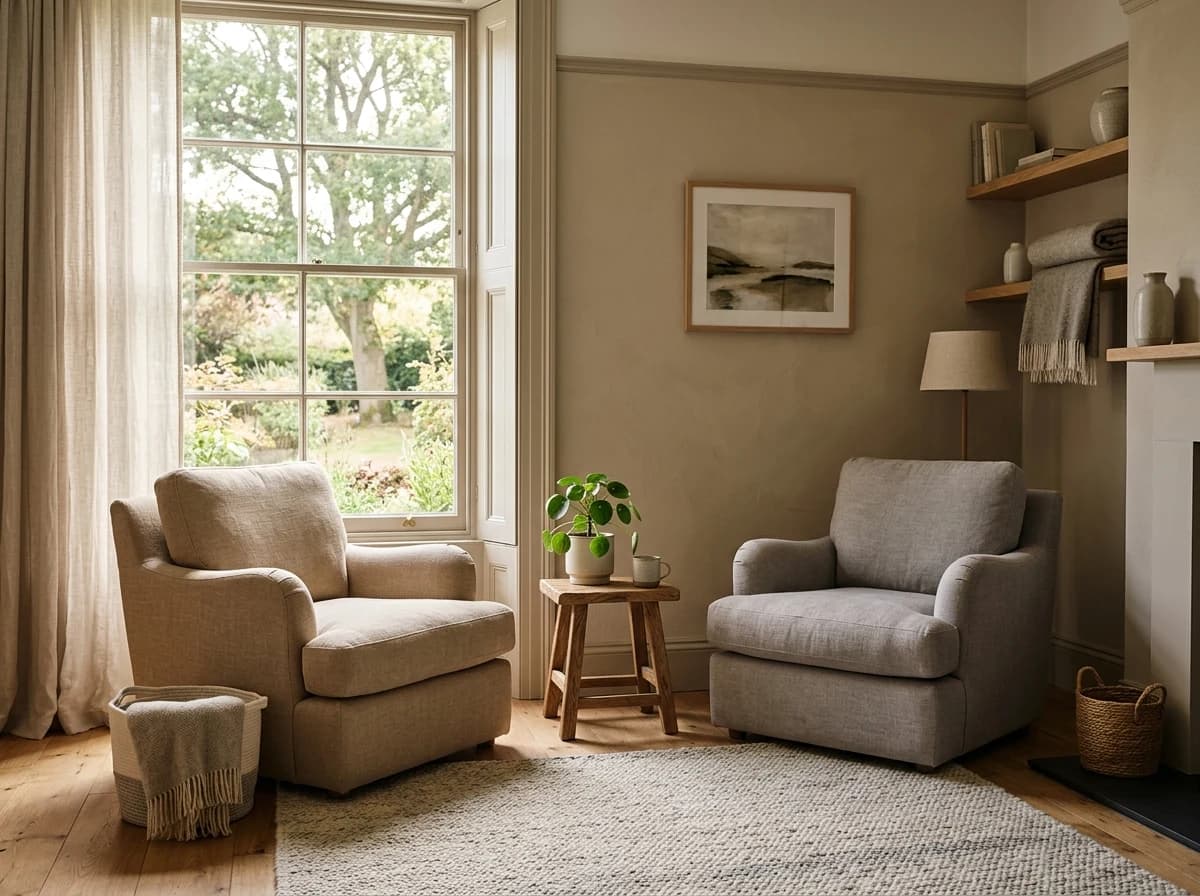 A serene, well-lit therapy room with two comfortable armchairs, a small side table, and subtle, calming decor.