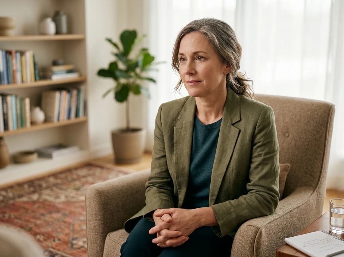 Adult female counselor in professional attire, leaning forward slightly, actively listening with a calm and empathetic expression.