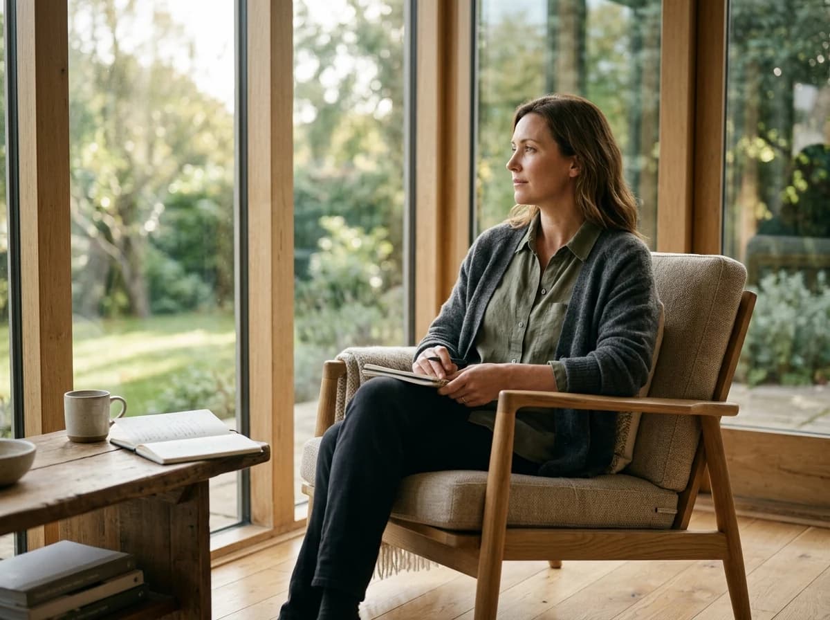 Adult in comfortable clothes, sitting peacefully near a sunlit window, gazing thoughtfully outdoors.