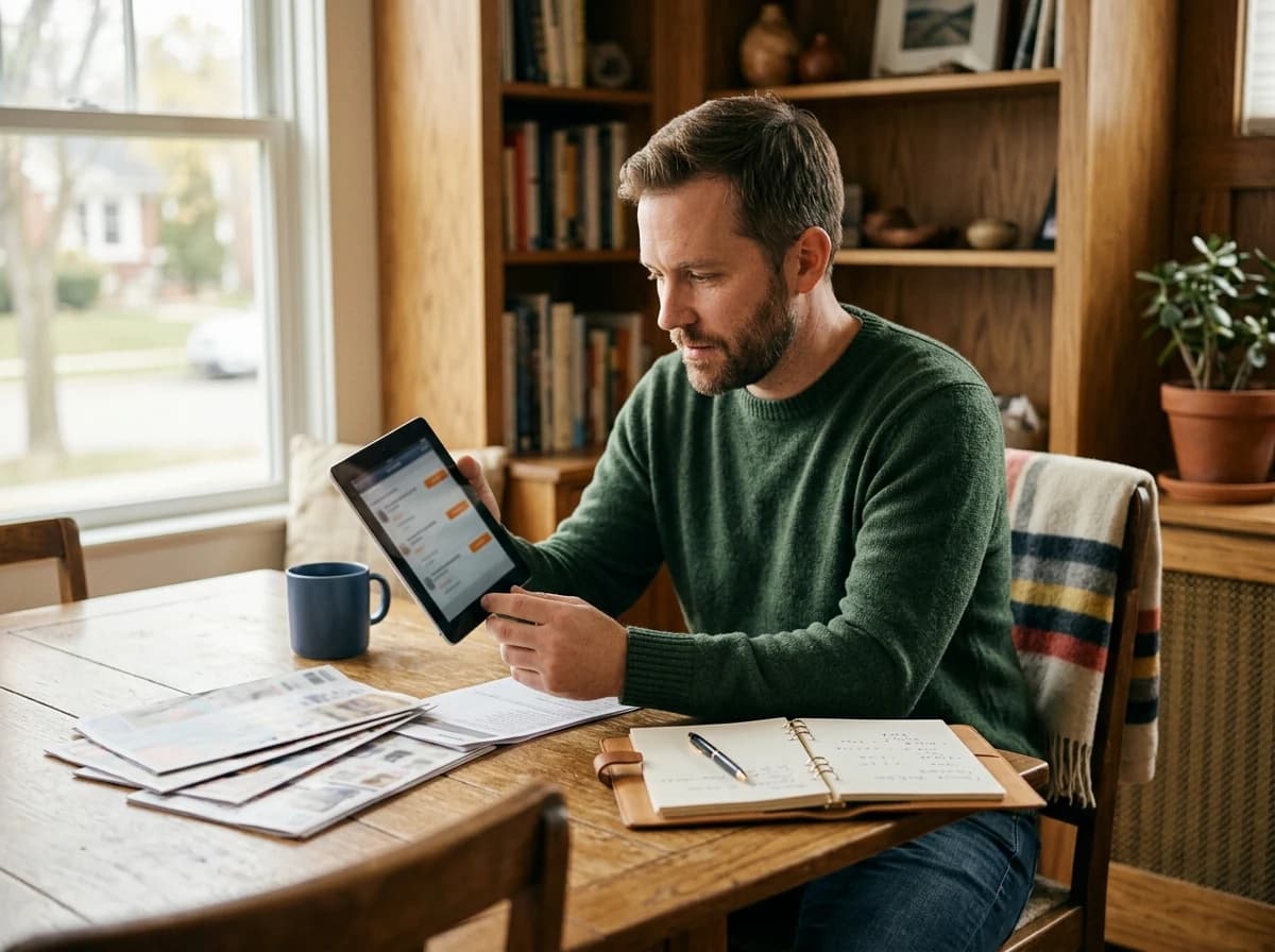 An adult male intently searching for coupons and deals on a tablet at a cozy home setup.