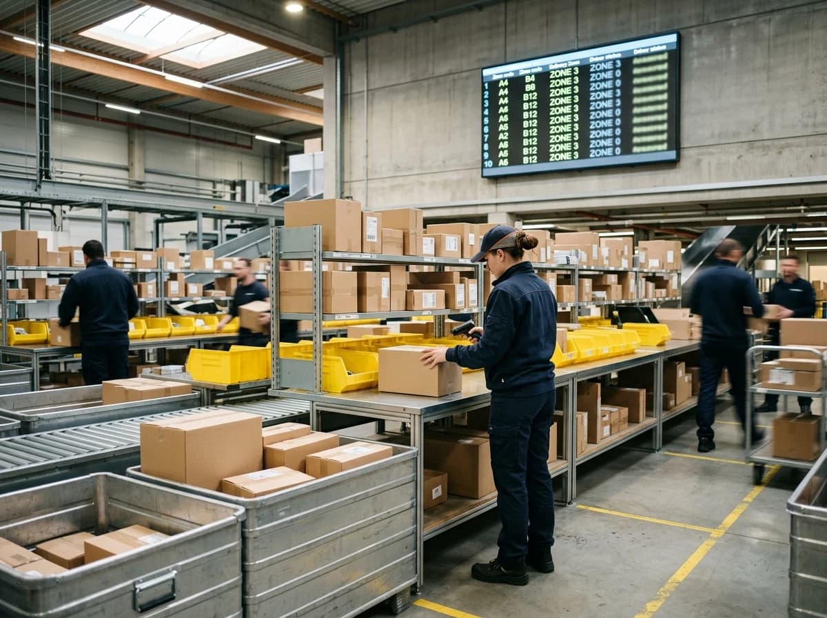 An organized, brightly lit courier dispatch hub with packages, sorting bins, and a digital display.
