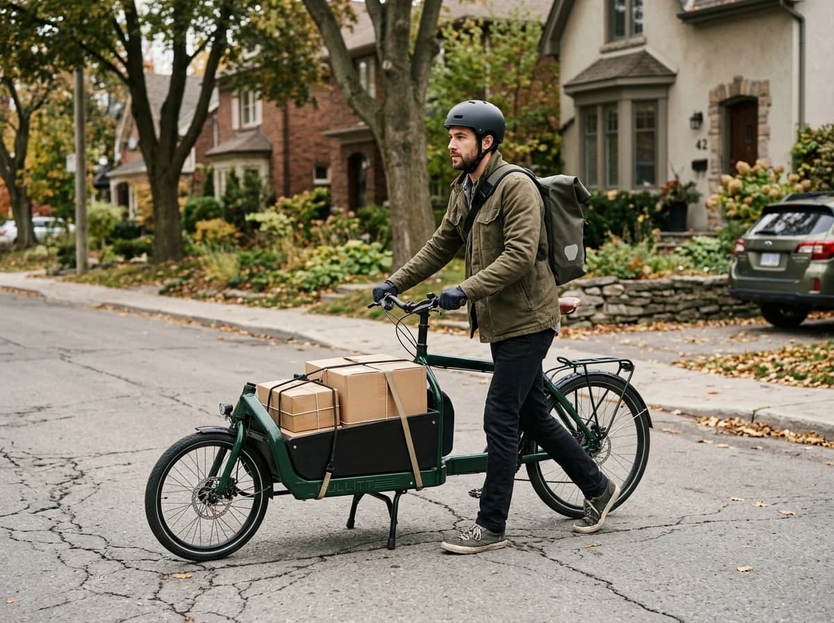 Adult bicycle courier wearing a helmet wheeling a cargo bicycle with two secured plain parcels along a quiet neighborhood street