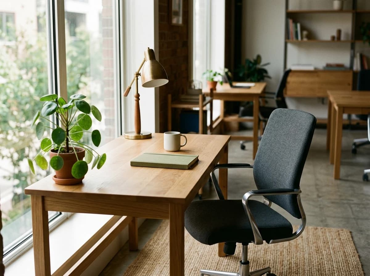 Ready-to-use dedicated coworking desk with task lamp, ergonomic chair, closed notebook, plain mug and leafy plant near a sunlit window.