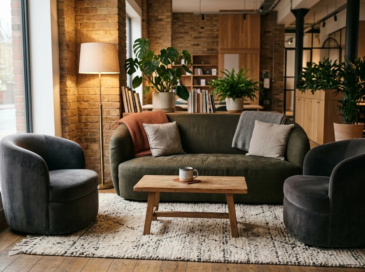 Comfortable coworking lounge area with soft seating, coffee, and ambient light.