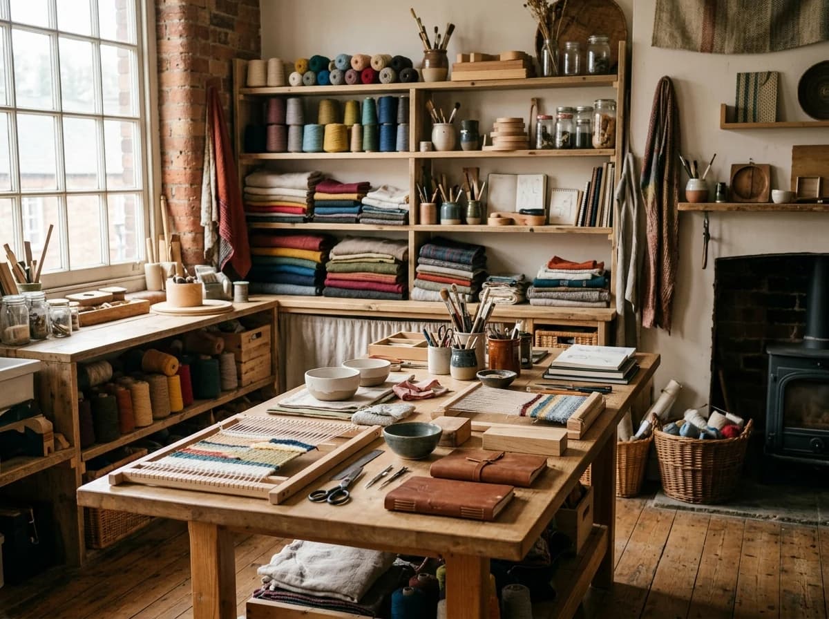 Inviting artisan workshop with natural light, showcasing various craft materials and unfinished projects.