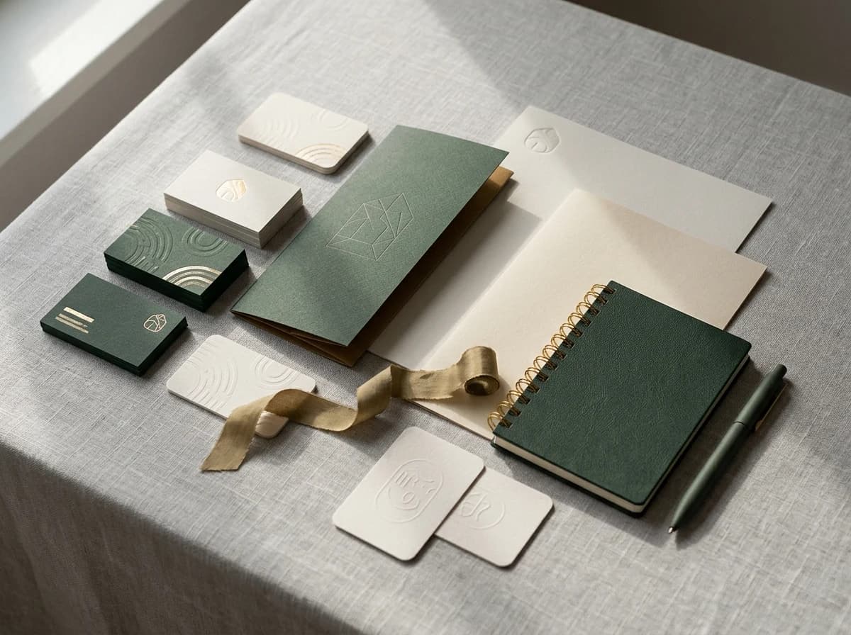 Close-up of a brand identity mockup with printed stationery and design elements.