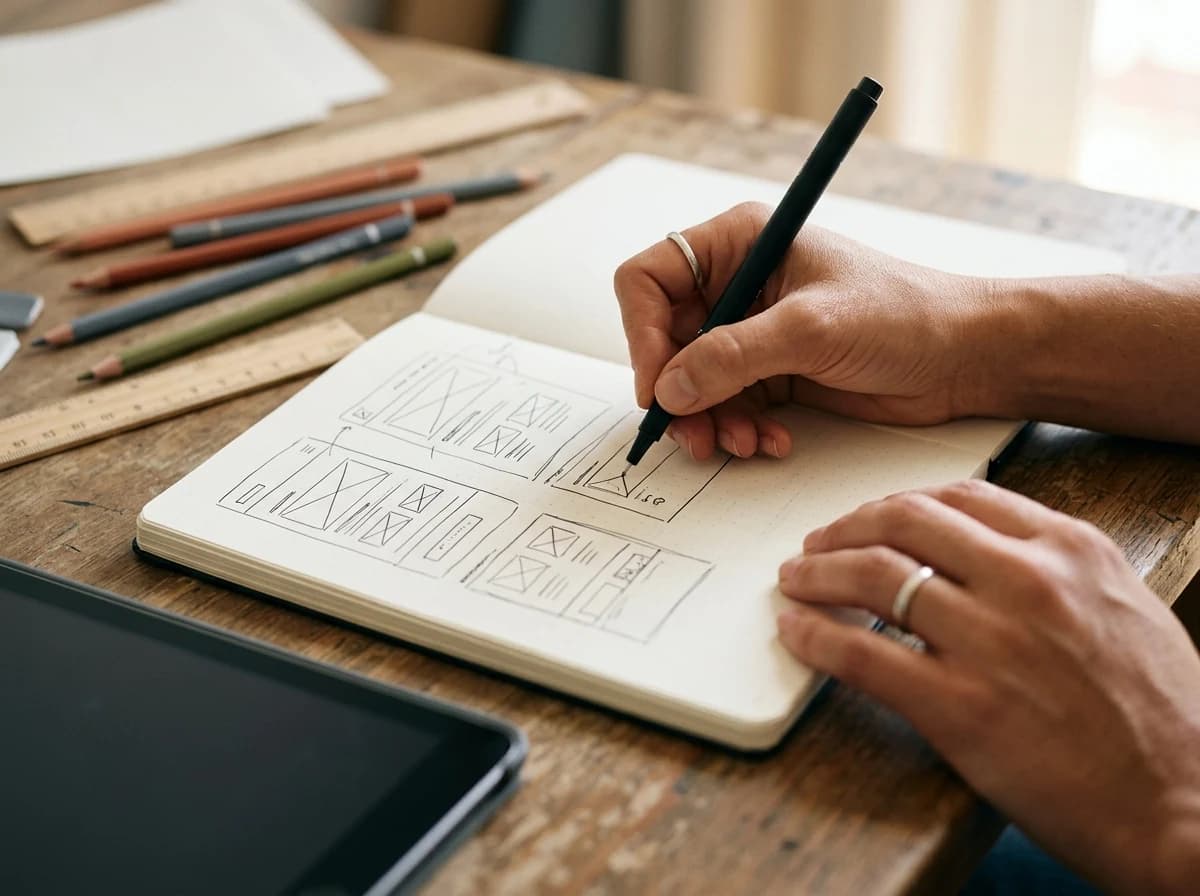 A designer's hands sketching initial concepts in a notebook with a pen, surrounded by tools.