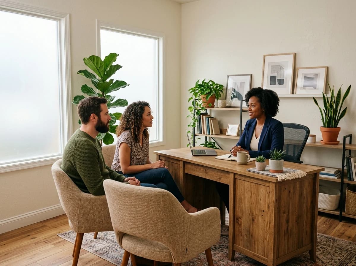An adviser meeting two clients in a welcoming credit consultation office.