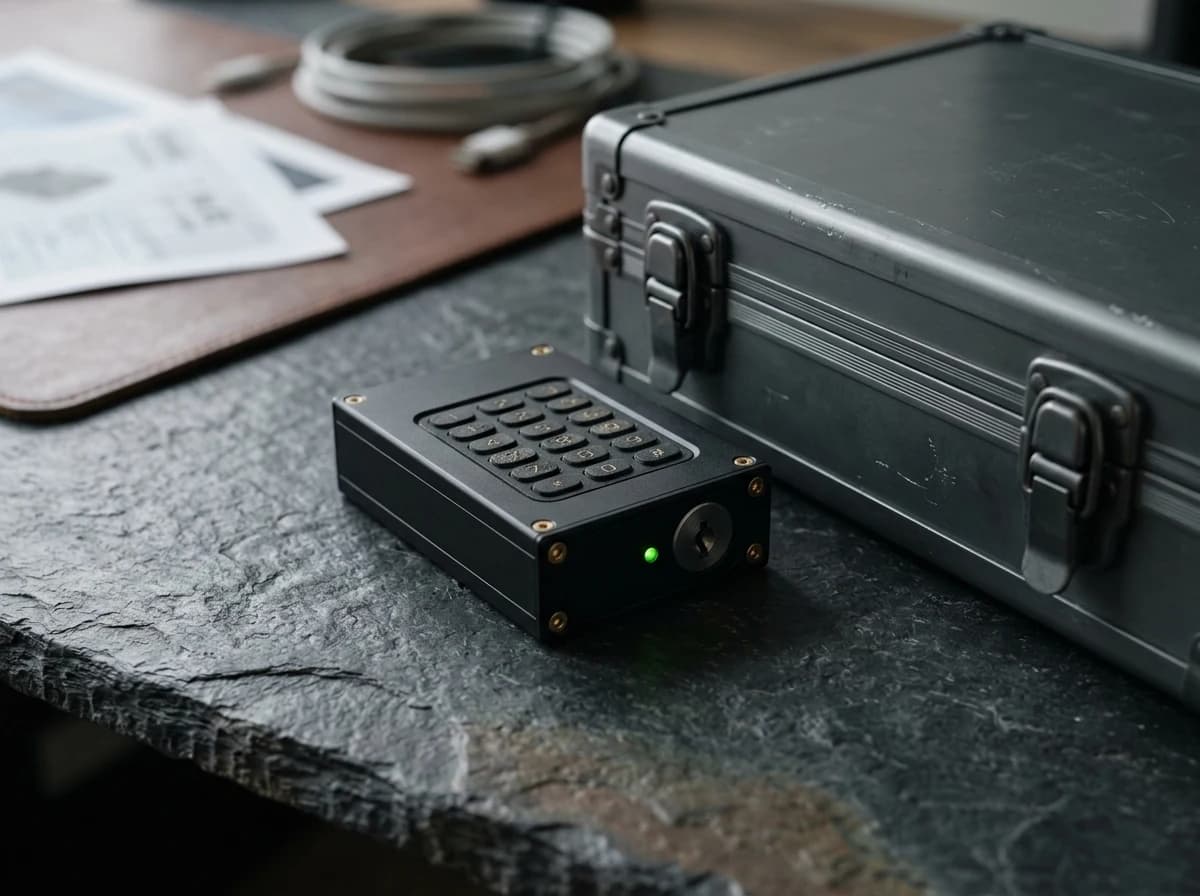 Macro photograph of an unbranded offline hardware security device beside a closed metal storage case on a dark stone desk